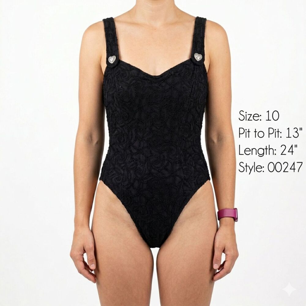 VTG Mainstream Black Textured One Piece Swimsuit Heart Buttons Size 10 USA Made